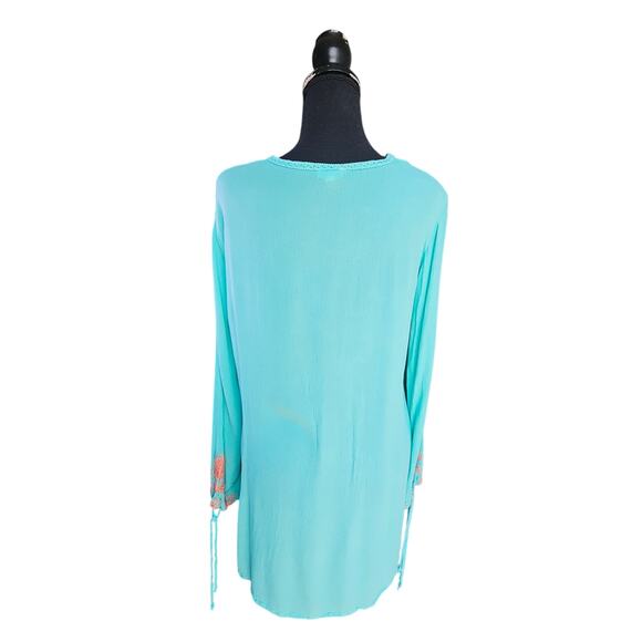 🦃 Aqua Blue Peach Embroidered VNeck Tunic Boho Hippie Blouse Top Size Medium - Picture 2 of 11
